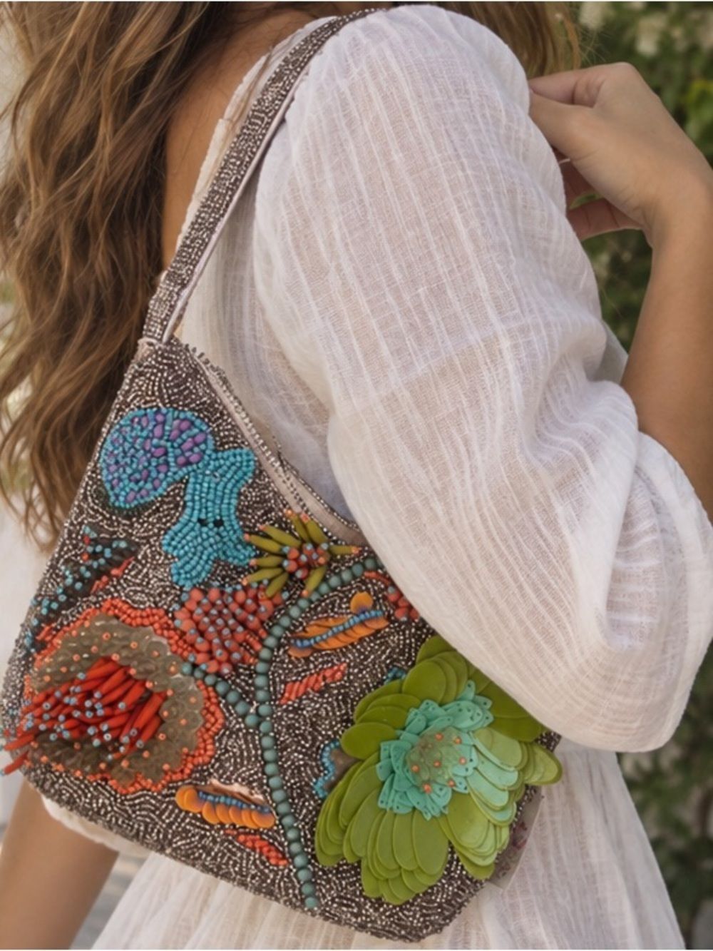 Viral Beaded Bag - Floral Appliqué Satchel Bag - Green & Coral Accents